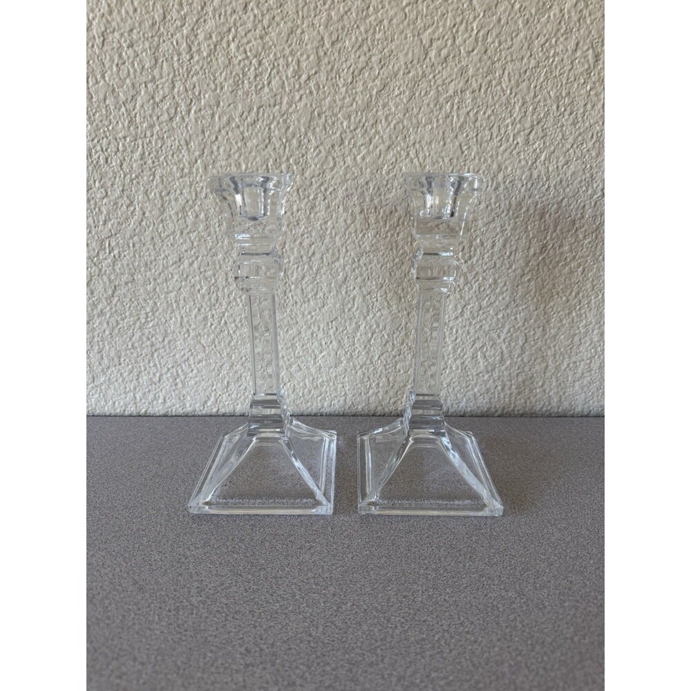 Pair Clear Glass Candlestick Holders 8” Tall Square Base Geometric Design